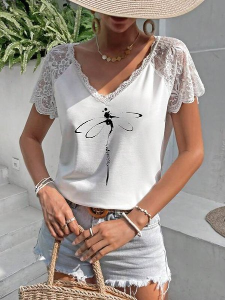 

V Neck Casual Loose Dragonfly Shirt, White, Shirts & Blouses