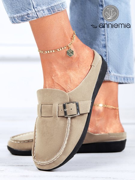 

Plus Size Buckle Decor Comfy Sole Flat Mules, Khaki, Flats