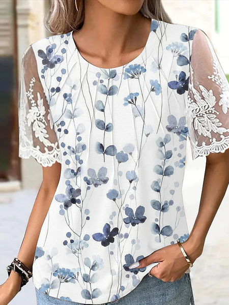 

Crew Neck Lace Casual Floral Shirt, White, Shirts & Blouses