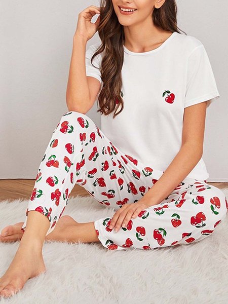 

Check Cherry Print Casual Loose Pajama Set, White, Loungewear & Sleepwear