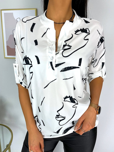 

Loose Half Open Collar Casual Buttoned Shirt, White, Shirts & Blouses