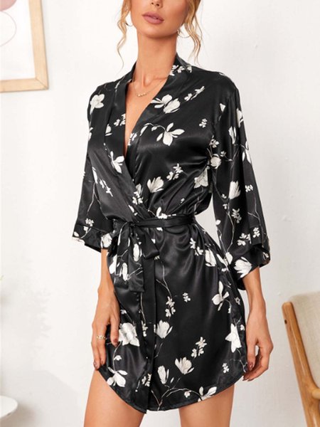 Floral Elegant Robe, Black, Sleepwear&Robes