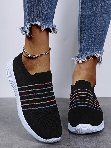

Breathable Striped Slip On Flyknit Sneakers, Black, Sneakers