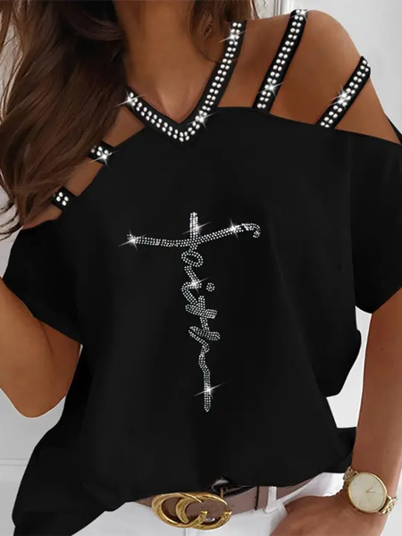 

Casual Hot Drilling V Neck Loose Shirt, Black, Shirts & Blouses