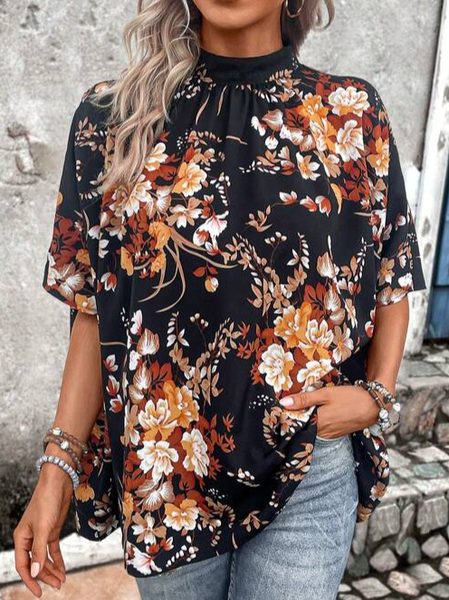 

Loose Stand Collar Casual Floral Shirt, Black, Shirts & Blouses