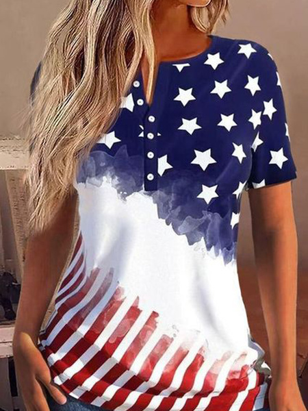 

Plus Size Independence Day Loose Crew Neck Casual T-Shirt, Blue, TOPS