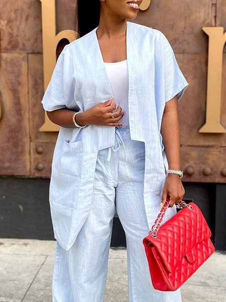 

Linen Plain Loose Short Sleeve Kimono, Light blue, Others