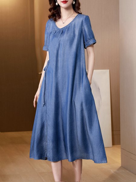 

Regular Fit Elegant Plain Crew Neck Denim Dress With No, Blue, Midi Dresses