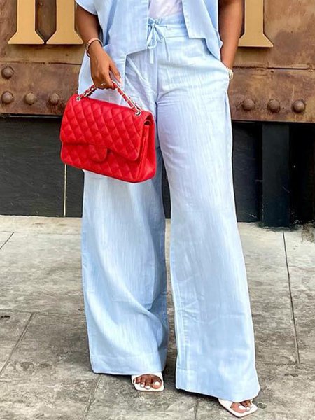 

Linen Loose Plain Fashion Pants, Light blue, Pants
