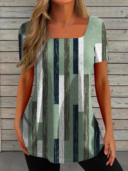 

Casual Geometric Loose Knitted T-Shirt, Green, T-Shirts