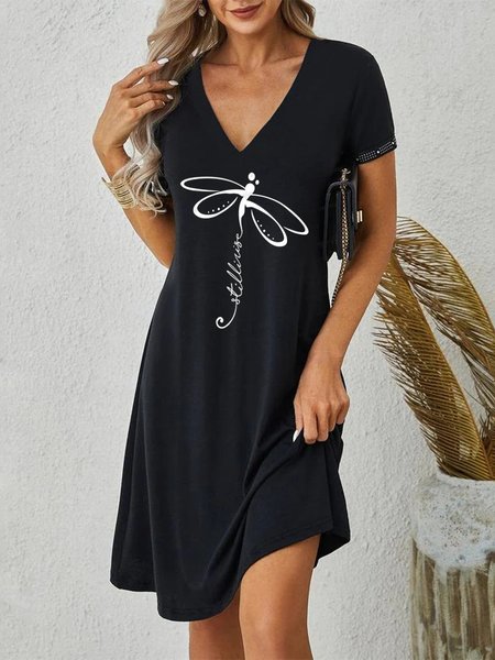 Loose Dragonfly V Neck Casual Dress, Black, Dresses