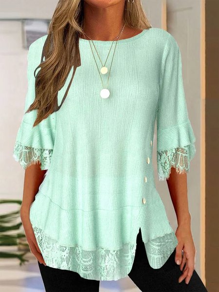

Simple Lace Plain Crew Neck Shirt, Light_green, Shirts & Blouses