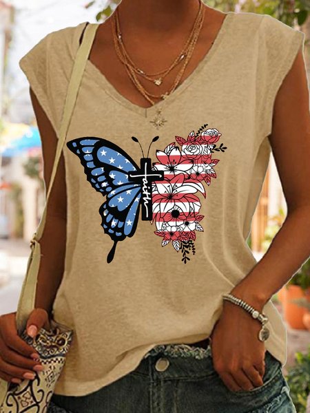 

Women's Faith Cross Butterfly Casual V Neck Tank Top, Khaki, Tank Tops