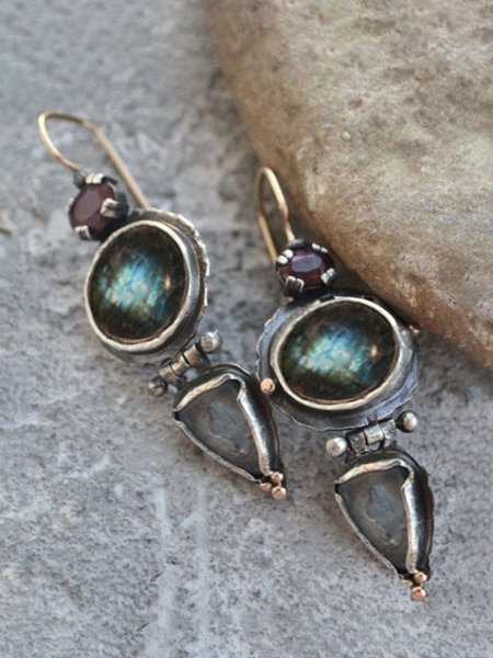 

Vintage Metal Distressed Opal Earrings Ethnic Women's Jewelry, As picture, Earrings