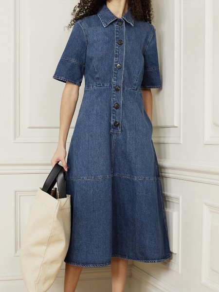 

Denim Casual Shirt Collar Denim Dress With No, Blue, Midi Dresses