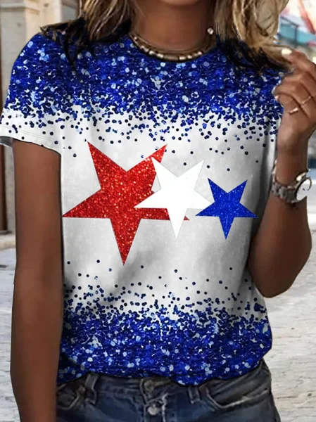 

Women's Star Glitter Independence Day Crew Neck Loose T-Shirt, Blue, T-shirts