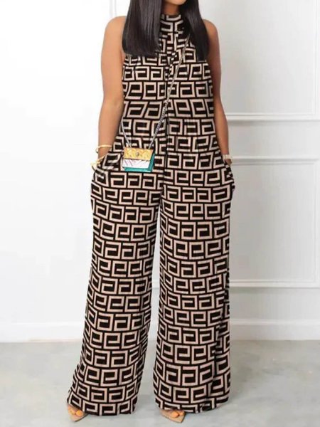

Urban Stand Collar Letter Pattern Jumpsuit, Khaki, Jumpsuits