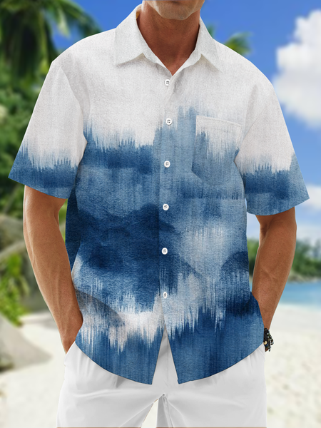 

Gradient Color Chest Pocket Short Sleeve Resort Shirt, Blue, Men Shirts