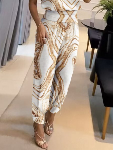 

Loose Random Print Casual Pants, White, Pants