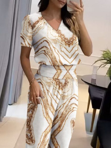 

Casual Random Print V Neck Loose T-Shirt, White, Tees