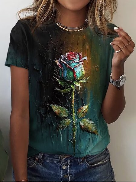 

Casual Crew Neck Floral Loose T-Shirt, Deep green, T-Shirts