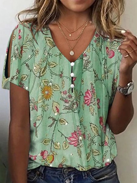 

Floral Loose Casual V Neck T-Shirt, Green, T-Shirts