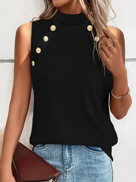 

Plain Buttoned Simple Tank Top, Black, Tanks & Camis