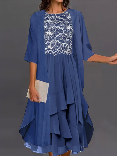 

Regular Fit Crew Neck Elegant Two-Piece Set, Blue, Party Dresses