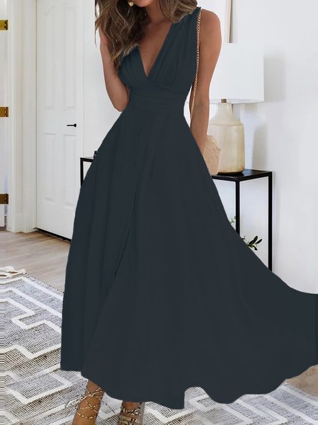 

V Neck Loose Plain Elegant Dress, Black, Formal Dresses