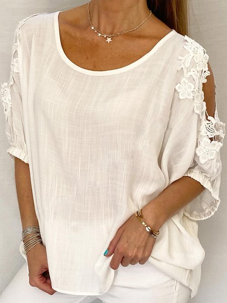 

Women Elegant Lace Stitching Split Joint Linen Loose Crew Neck Tunic Top, White, Tunics