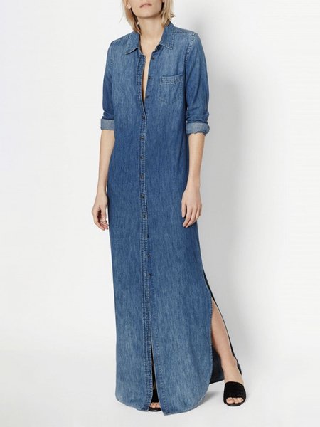 

Shirt Collar Loose Casual Plain Denim Dress With No, Blue, Maxi Dresses