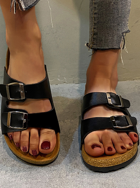 

Women's Flat Slide Sandals with Arch Support 2 Strap Adjustable Buckle Slip on Slides Shoes Non Slip Rubber Sole, Black, Sandals