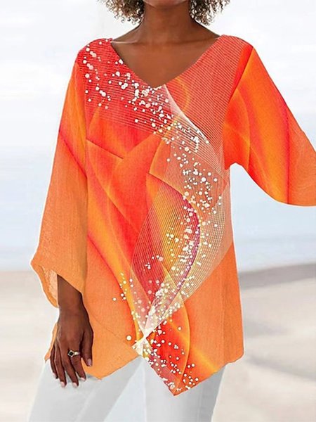 

V Neck Ombre Loose Casual T-Shirt, Orange, Blouses