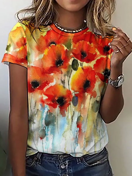 Women's Crew Neck Floral Casual T-Shirt, As picture, T-shirts