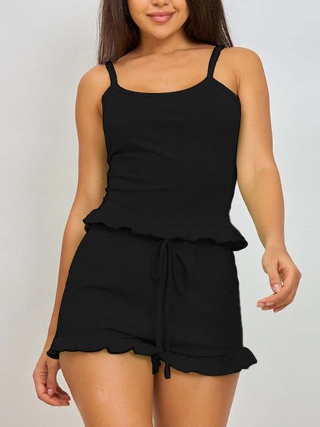 

Corrugated Fabric Stretch Casual Pajama Set, Black, Loungewear & Sleepwear