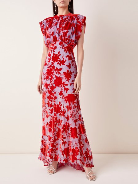

Wedding Regular Fit Leaf Vintage Crew Neck Guest Dress, As picture, Maxi Dresses