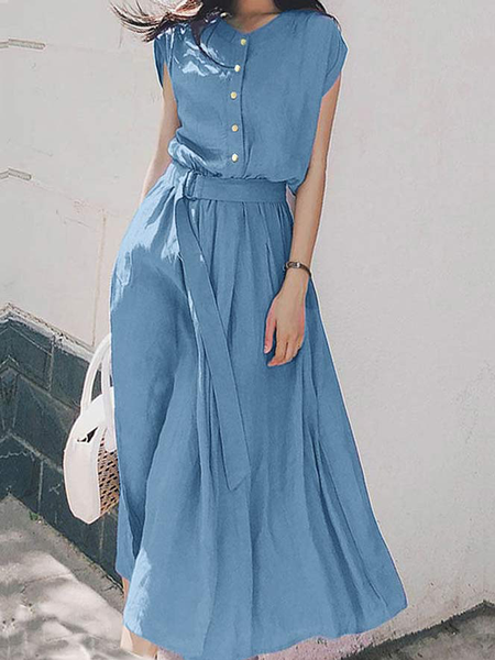 

Plain Loose Urban Crew Neck Cap sleeve Midi Dress Shirt Dress, Blue, Midi Dresses