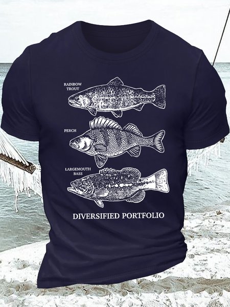 

Men's Rainbow Trout Perch Diversified Portfolio Funny Graphic Printing Casual Cotton Loose Text Letters T-Shirt, Purplish blue, T-shirts