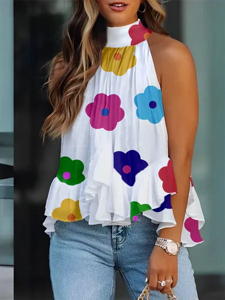

Vacation Floral Stand Collar Loosen Shirt, As picture, Blouses and Shirts