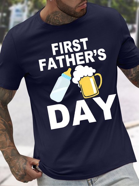 

Men's First Father's Day Funny Graphic Printing Father's Day Gift Cotton Text Letters Casual Loose T-Shirt, Purplish blue, T-shirts