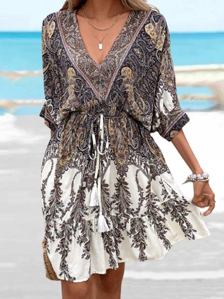 

Loose Vacation Ethnic V Neck Dress, Multicolor, Casual Dresses