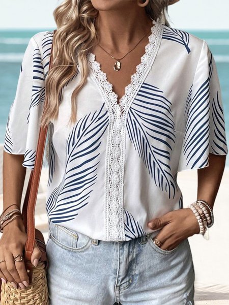 

Vacation V Neck Lace Leaf Print Guipure Lace Panel Butterfly Sleeve Blouse, White, Shirts & Blouses