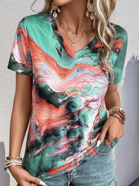 

Vacation Loose Ombre V Neck T-Shirt, Green, T-Shirts