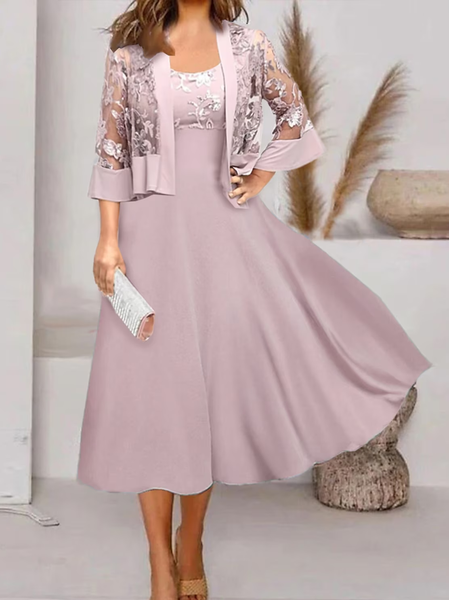 

Crew Neck Plain Elegant Two-Piece Set, Pink, Dresses