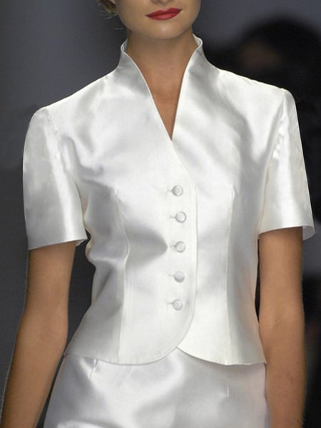 

Short sleeve Stand Collar Elegant Blouse, White, Blouses and Shirts
