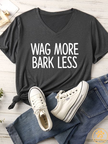 

Women's Wag More Bark Less Matching V Neck T-Shirt, Gray, T-shirts