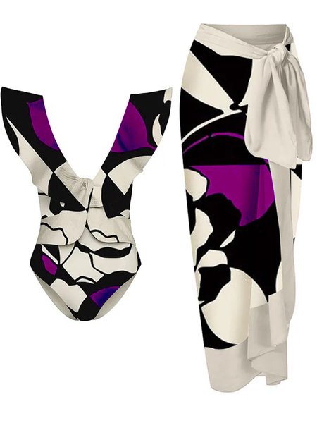 

Vacation V Neck Printing Abstract One Piece With Cover Up, Rose red, swimwear>>One-Pieces