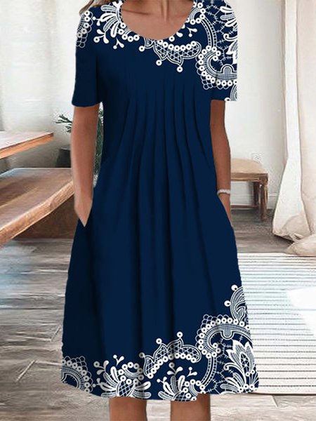 

Loose Paisley Vintage Crew Neck Dress With No, Dark blue, Casual Dresses