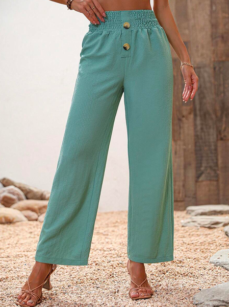

Casual Buttoned Linen Loose Pants, Green, Pants