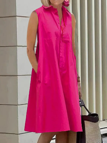 

Loose Urban Shirt Collar Sleeveless Dress With No Belt Shirt Dress, Rose red, Mini Dresses